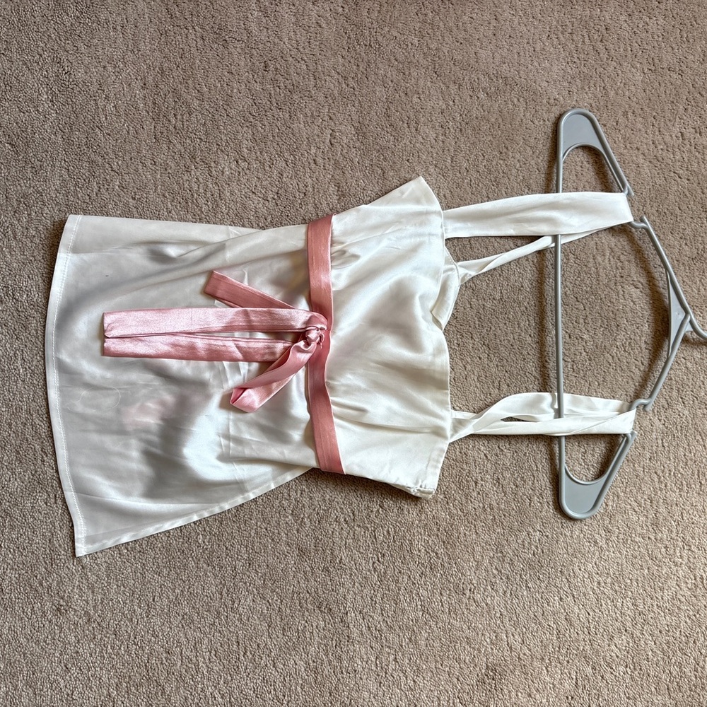 White Satin Top with Pink Ribbon